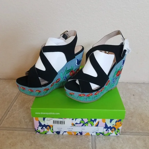 Sexy black cut out embroidered wedges denim - Picture 2 of 4